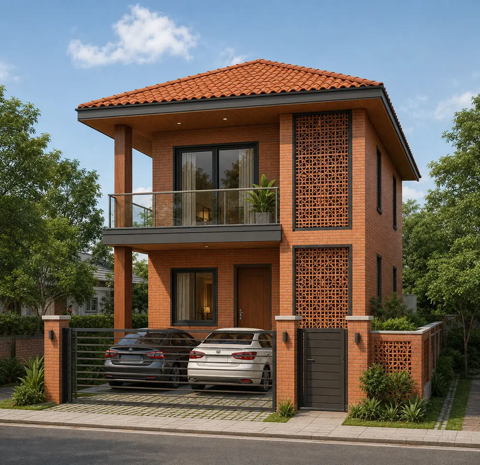 Redi 2-bedroom duplex exterior in Redi clay bricks with clay-tile roofing